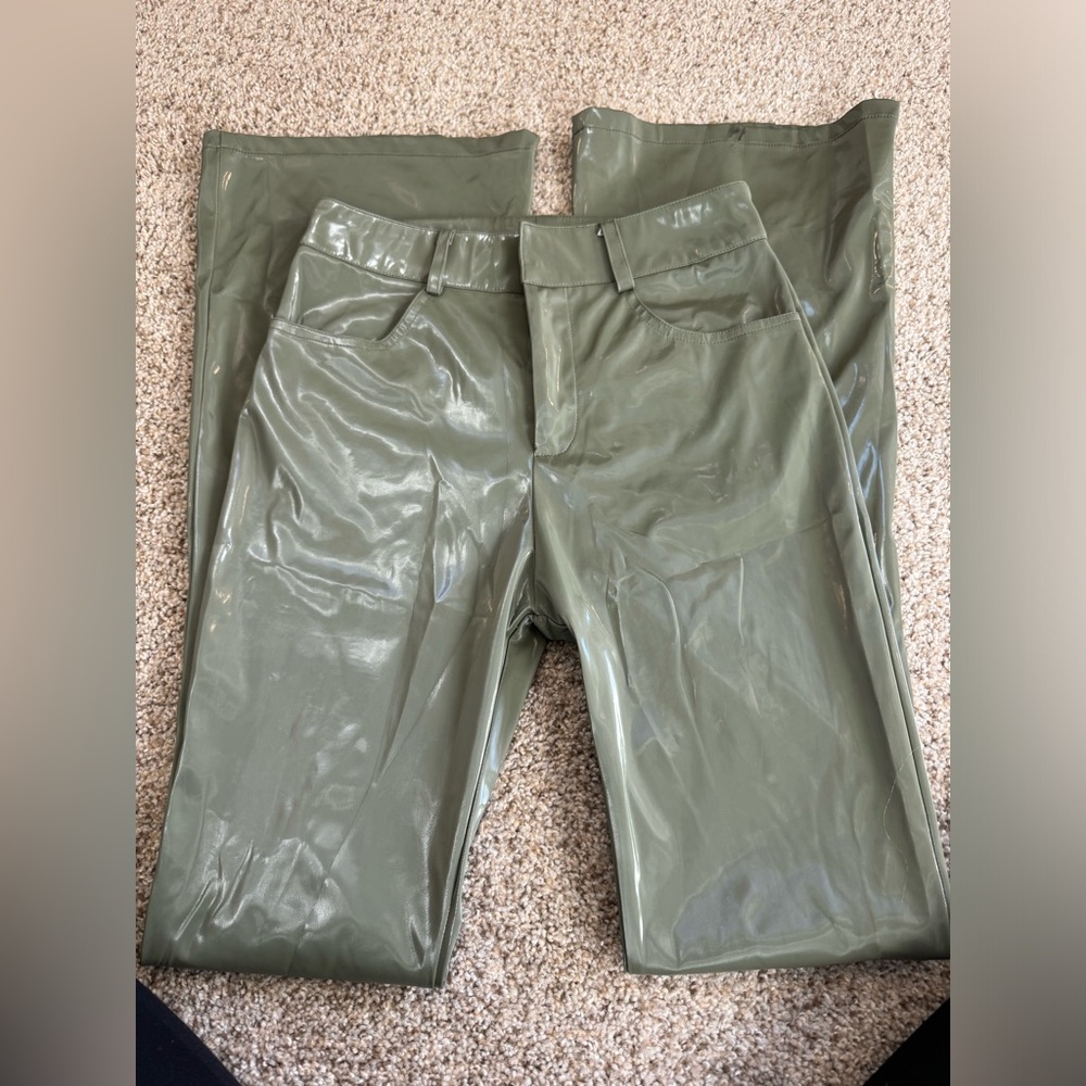 {THE SANG} Olive Green Faux Leather Flare Pants